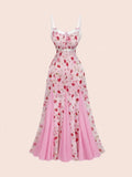Daiiibabyyy  Pink Strawberry Floral Sheer Mermaid Dress With Lace Trim And Thin Straps For Spring Summer