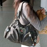 Daiiibabyyy  Y2Kwomen Large Capacity Single Shoulder Crossbody Bag Retro Motorcycle Street Trend Sweet Cool Style Mixed With Rivet Decoration