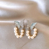 Daiiibabyyy  Exquisite White Imitation Pearl Beaded Tassel Pendant Earrings for Women Fashion Butterfly Inlaid Rhinestone Earrings Jewelry