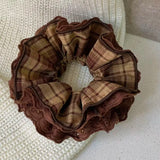 Daiiibabyyy  1PCPlaid Lace Scrunchie Vintage Brown Ruffled Double-layer Fabric Hair Tie Elegant Hair Accessory For Women Girl Daily Party Use