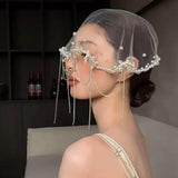 Daiiibabyyy  Vintage Pearls Beads Brides Veil Tassels White Wedding Veils Tulle Short Bride Head Gauze Headdress