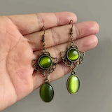 Daiiibabyyy  Retro Victorian Era Hollow-out Lace Green Opal Dangle Earrings for Women Goth Halloween Party Pagan Witchcraft Jewelry Accessory