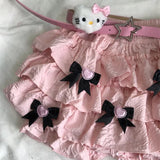 DAIIIBABYYY  -  Japanese Sweet Fresh Lolita New Summer Spliced Elasticized High-waisted Bow Folds Fashion Solid Color Casual Cake Skirts