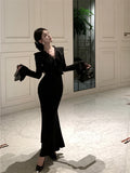 Daiiibabyyy  Black Long Sleeve Chic Ruffled Lace V-Neck Evening Gown Women Elegant Luxury Mermaid Dress Autumn Winter New French Dresses