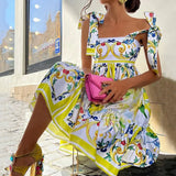 Daiiibabyyy Holiday Blue White Yellow Porcelain Floral Print Summer Sleeveless Dress for Women Straps Bow Midi Long Vestidos Beach