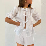 Daiiibabyyy  Elegant Crew-Neck Short Sleeve Blouse&Shorts Suit 2025 Women All Match Vacation Set Summer Striped Patchwork 2Pcs Loose Outfits