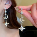 Daiiibabyyy  French Court Style Zircon Starry Moon Tassel Earrings Sparkling Crystal Star Jewelry for Women Party Exquisite Gifts