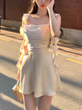Daiiibabyyy Elegant Party Y2k Mini Stain Dress Women Sleeveless Fairy Strap Dress Office Lady Vintage One Piece Dress Korean Summer