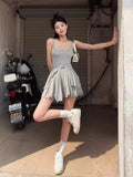Daiiibabyyy  Two Piece Sets Women Clothing Sun Protection Crop Korean Cardigan + Fashion A-Line Mini Slip Dress Autumn Y2k Solid Color Suit