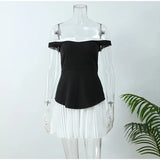 Daiiibabyyy 2024 Summer Elegant Off Shoulder Contrast Colors Mini Dress Women Slash Neck Sleeveless Backless Pleated Party Streetwear Robe