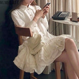 Daiiibabyyy  Autumn New White  Big Skirt Three-dimensional Waist Bottom Long Sleeve Shirt Dress  dresses for women