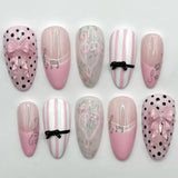 Daiiibabyyy  24Pcs Mid-length Almond Fake Nails Pink Lace Stripe French Press on False Nails 3D Bow Polka Dot Wearable Full Cover Nails Tips