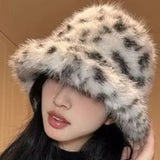 Daiiibabyyy  Korean Style Leopard Print Fuzzy Bucket Hats Warm Thickened Plush Winter Fisherman Hat Adult Unisex Animal Pattern Caps Headwear