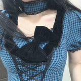 DAIIIBABYYY  -  Fashion Square Collar Age Reduction Puff Sleeve Summer New Clothes Vintage Plaid Preppy Style Sweet Bow Lace Ladies Dresses