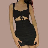Daiiibabyyy  Must - Have for Cool Vibe! Make a Statement. Square - Neck Drawstring Hollow - Out Slim Dress, Sexy & Casual.