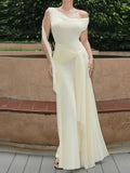 Daiiibabyyy  Hight Waist Lace-Up Solid Party Dress Sexy Backless Slim Fit Maxi Dress Elegant Slanted Shoulder Draped Long Dress