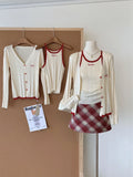 DAIIIBABYYY  -  Women's V-neck Long-sleeved Bow Single-breasted Sweater Cardigan Jackets + Off-shoulder Sleeveless Camisole Tops Two-piece Set