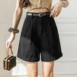 Daiiibabyyy  Fashion Overalls Shorts Women Spring Summer Casual High-waisted Wide Leg Pants Short Pants with Belt Outwear Black Shorts 2025