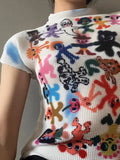 Daiiibabyyy  Women Bodycon T-Shirts Short Sleeve Tie Dye Tees Stretch Crop Tops Goblin Core 2000s Coquette Gyaru Aesthetic Kpop Kawaii Summe