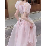 DAIIIBABYYY  -  Japanese Fresh Sweet Lolita Summer New Spliced Square Collar Folds Bandage Fashion Slim Solid Casual Puff Sleeve Dresses