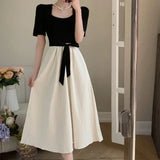 Daiiibabyyy  Women's Dress Elegant Waist-Cinching A-Line Midi Summer French Style Belly Covering Dress Spring Autumn Knee-Length