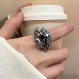 Daiiibabyyy  Y2K Starry Beads Opening Rings for Women Heart Three Layer Denim Rings Adjustable Metal Cross Zircon Ring Jewelry Music Festival