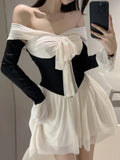 DAIIIBABYYY  -  Y2K Sexy Patchwork Short Dresses for Women Off Shoulder Flare Sleeve Ruffles A-line Birthday Party Dress Korean Casual Vestidos
