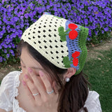 Daiiibabyyy  Women Boho Crochet Head Scarf  Sweet Cherry Triangle Hair Scarves Pastoral Style Headbands For Vacation Spring Hair Accessories