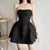 Daiiibabyyy Summer Harajuku Strapless Dress Solid Casual A-Line High Dress Waist Loose Printing Slash Neck Short Mini Dresses Woman