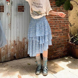 Daiiibabyyy  Streetwear Floral Midi Skirt Women Fashion Ruffles Asymmetrical Skirts Summer Ladies Elegant Korean Blue Design A Line Faldas