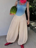 Daiiibabyyy  Loose Puff Trousers Women's See Through High Waist Patchwork Fashion Elegant Trousers Female Summer Office Lady Pants