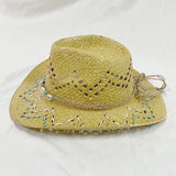 DAIIIBABYYY  -  Handmade Braided Straw Hats Wave Pattern Beach cap Hollowed Out Shell Straw Hat Fashion Rolled Brim Western Cowboy Straw Hat