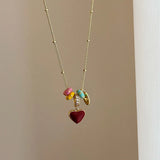 Daiiibabyyy  Cute Romantic Multicolor Enamel Circle Red Heart CZ Zircon Pendant Necklaces for Women Gold Plated Chain Chokers