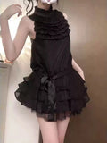 Daiiibabyyy  Japanese Vintage Gothic Elegant Black 2 Piece Set Women Chic Y2k Sleeveless Tops + Skirts Harajuku Fashion Causal Retro Outfits