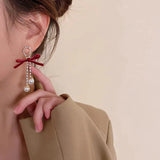 Daiiibabyyy  Black Red Velvet Bowknot Drop Earrings for Women Vintage Rhinestones Imitation Pearl Drop Earrings Jewelry  Dating Party K