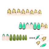 DAIIIBABYYY  -  24pcs Spicy Girl Press on Nails 3D Tropical Flower Green Fake Nails Full Cover Summer Ins French Almond False Nail Patch