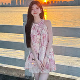 DAIIIBABYYY  -  2025 Sweet Wind Sleeveless Hanging Neck Floral Dress Summer New Style Small Beach Vacation Beauty Short Elegant