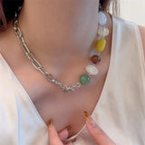 Daiiibabyyy  Creative Contrast Color Oval Round Geometric Natural Stone Strand Irregular Pendant Necklaces Women Silver Chain Chokers