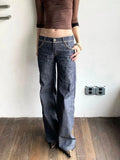 Daiiibabyyy  Blue Lace Patchwork Jeans Women Y2k Vintage Low Waist American Style Straight Denim Trousers Slim Grunge Streetwear