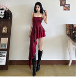 DAIIIBABYYY  -  Sweet Spicy Girl Red Sequins Sling Dress Female Slim High Waist Irregular Sparkling Strap Short Dresses Summer New Style