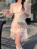 DAIIIBABYYY  -  Korean Print Ruffles Pink Mini Dress Slim Wasit Fairy Puff Sleeve Ball-Gown Square-Collar Vestidos 2025 Summer Chic New Clothes