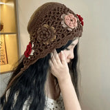 Daiiibabyyy  Cute Tassels Crochet Knitted Hat Hollow Out Handmade Knit Cap Korean Bohemian Style Weave Cap Travel