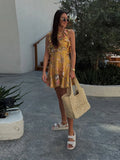 Daiiibabyyy  Elegant O-neck Sleeveless Ruffle Trim Dress Fashion Yellow Floral Printed Mini Dress For Women Lady Beach Holiday Vestidos