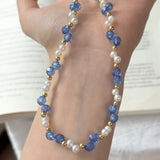 Daiiibabyyy  Fresh Blue Seed Beads Pearl Stone Clavicle Chain Summer Dopamine Beaded Necklace For Women and Girls Holiday Daily Jewelry