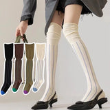 Daiiibabyyy  1pc Loose Mouth Vertical Stripe Stockings Knee-high Stitching Slimming Piled Women's Socks 2025 New Fashion Autumn Winter
