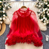 Daiiibabyyy  New Korean 2 Piece Sets See Through Ruffled Cropped Blouse + Sexy Solid Vest Suit Roupas Femme Fashion Solid Color Y2k Outfits