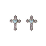 Daiiibabyyy  Gothic Punk Rhinestones Cross Stud Earrings for Women Men Personality Hip-Hop Heart Crystal Earrings Statement Jewelry Gifts