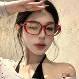 Daiiibabyyy  Y2K Oval Glasses Retro Oversized Square Frame Eyewear Fashion Black Red Spectacles Anti Blue Light Computer Reading Eyeglasses