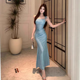 Daiiibabyyy  Elegant Blue Gown Women's Summer Slimming Long Dress Folded Waist Cinched Strapless Dress Polished Look Polyester Fabric