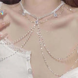 Daiiibabyyy  Luxury Rhinestone Shoulder Chain Necklace For Women Fashion Silver Color Tassel Multilayer Sexy Body Bikini Chest Chain Jewelry